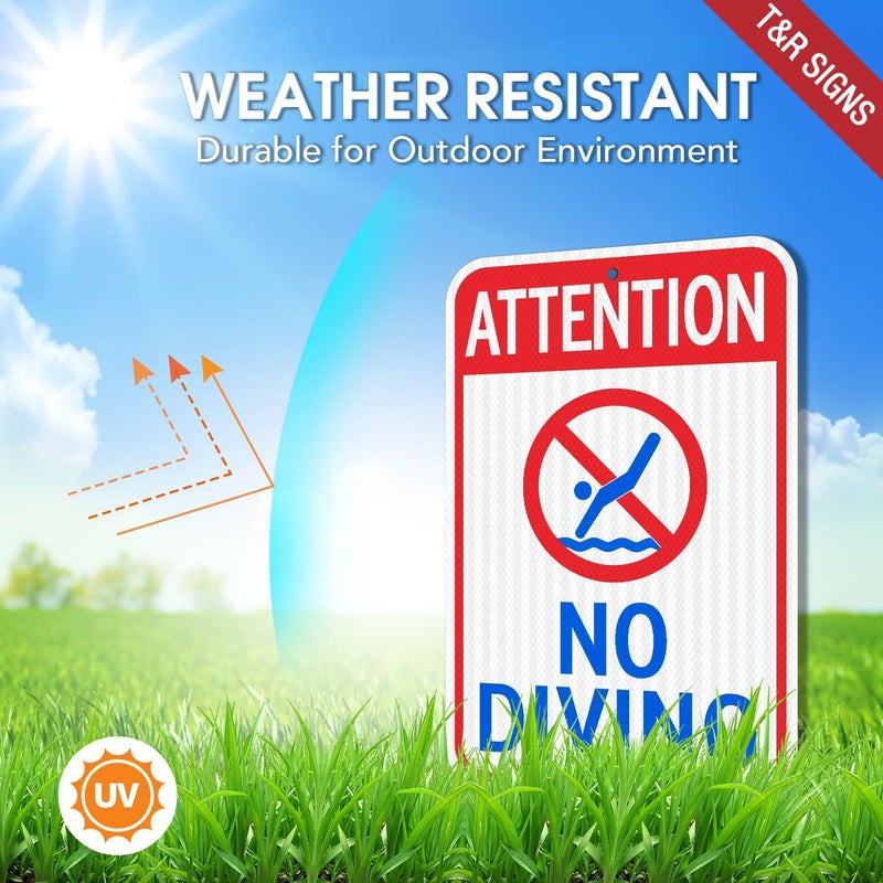 TR (2 Pack) Large Attention No Diving Signs, 18" x 12" Engineer Grade Reflective Sheeting, Rust Free Aluminum, Weather Resistant, Waterproof, Fade Resistant, 2 Pre-drilled Holes - Image 3